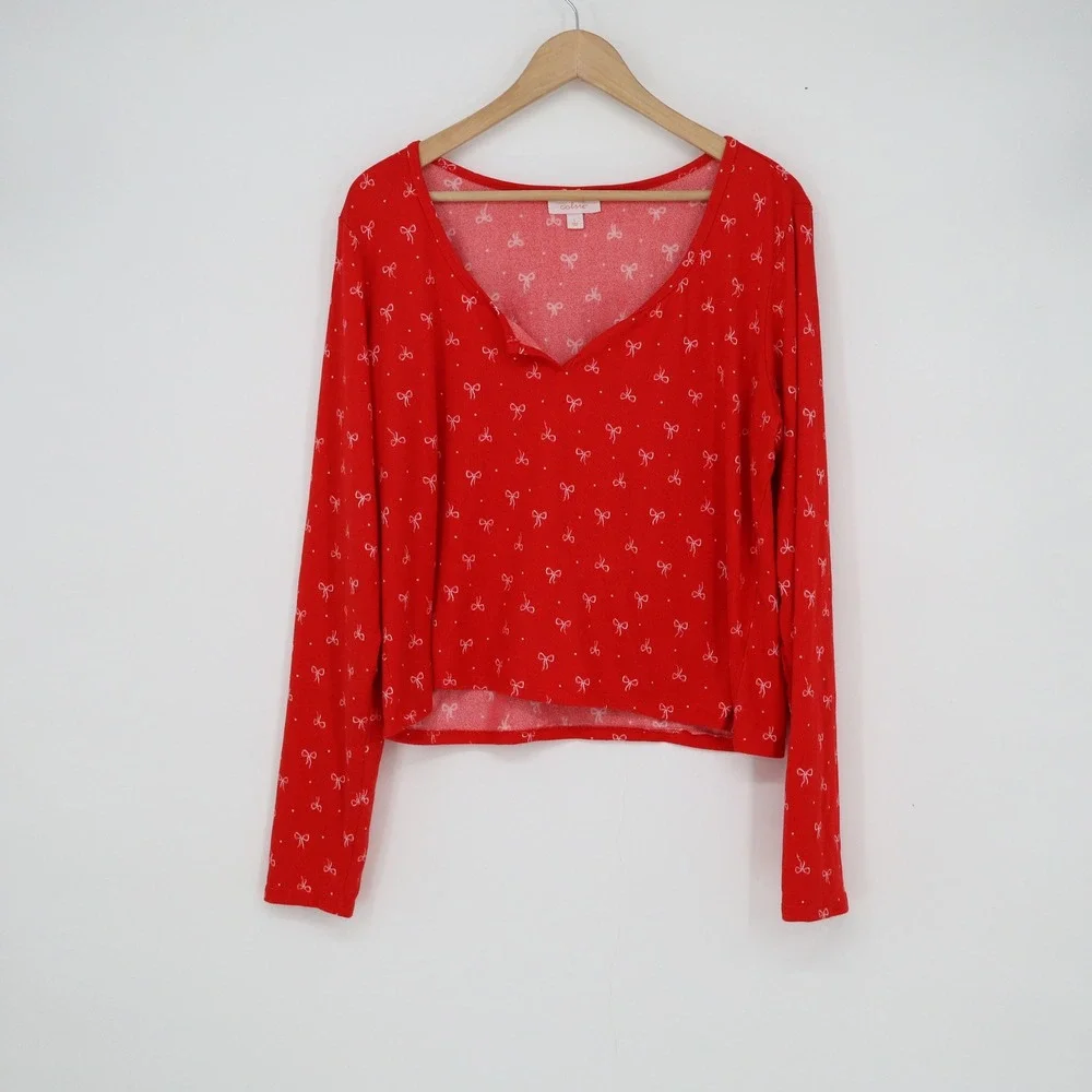 Colsie Red White Bow Print V-Neck Long Sleeve Pajama Top Large Cropped Lounge L